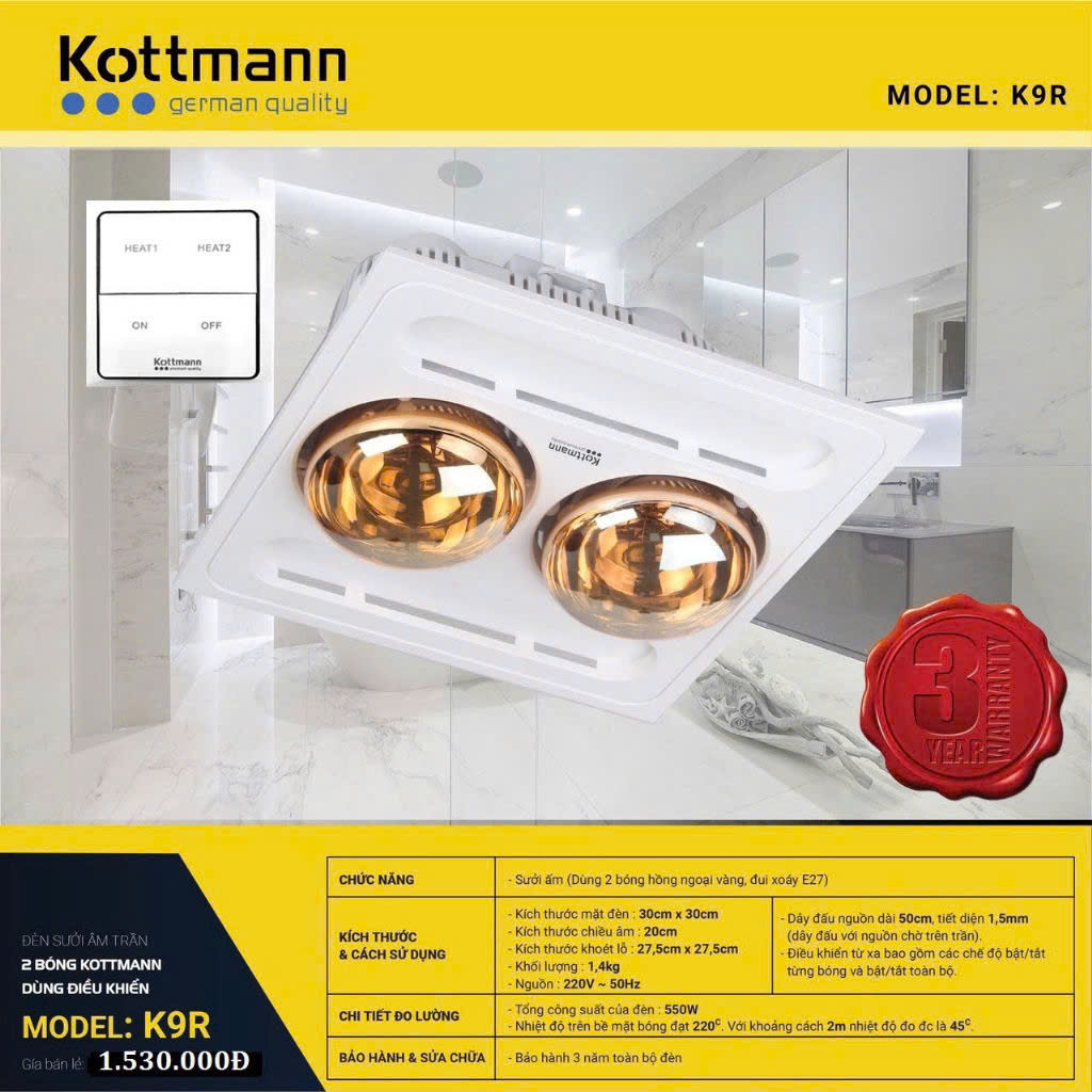 Đèn sưởi âm trần 2 bóng Kottmann K9-R